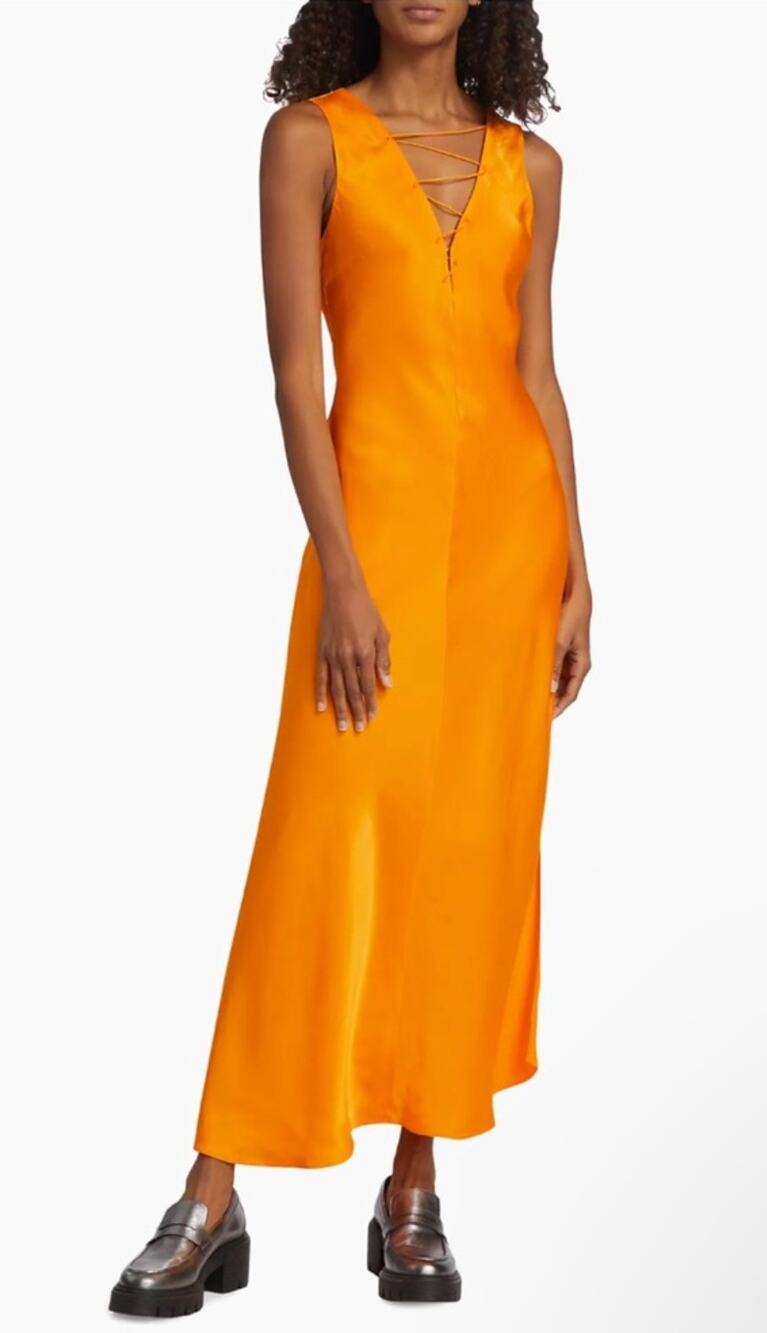 FRAME Orange Lace Up V Neck Maxi Dress Resort Vacation Mediterranean Guest M